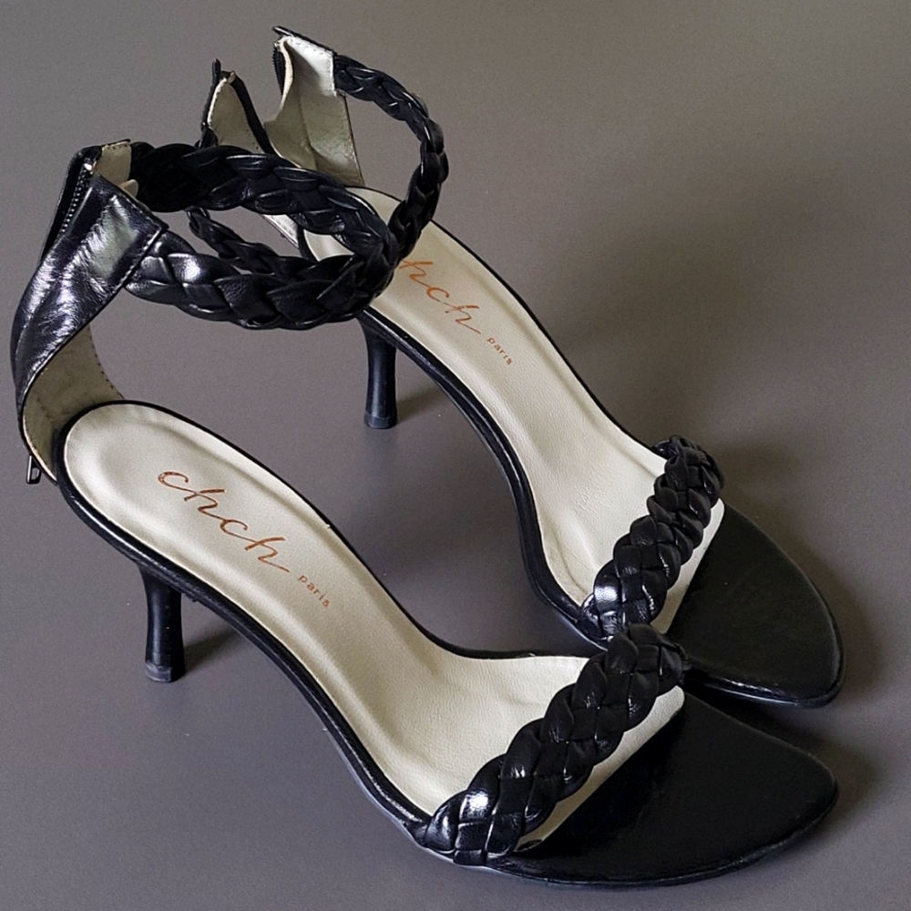 Chch Paris Genuine Leather Kitten-Heel Sandals Black Size 5